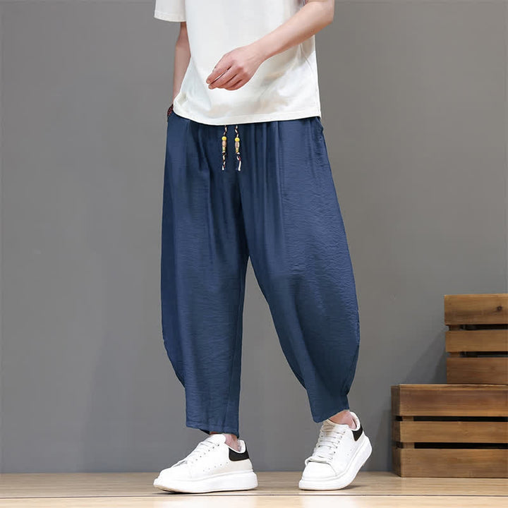 Buddha Stones Pantaloni corti estivi casual minimalisti con coulisse, modello harem da uomo con tasca - image 3