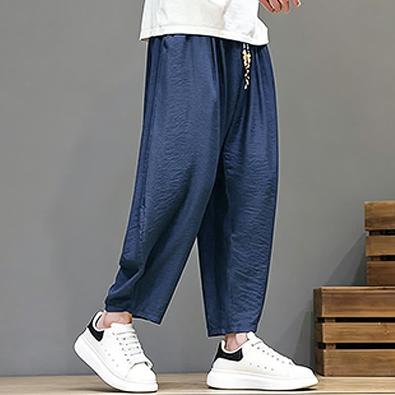 Buddha Stones Pantaloni corti estivi casual minimalisti con coulisse, modello harem da uomo con tasca - image 5