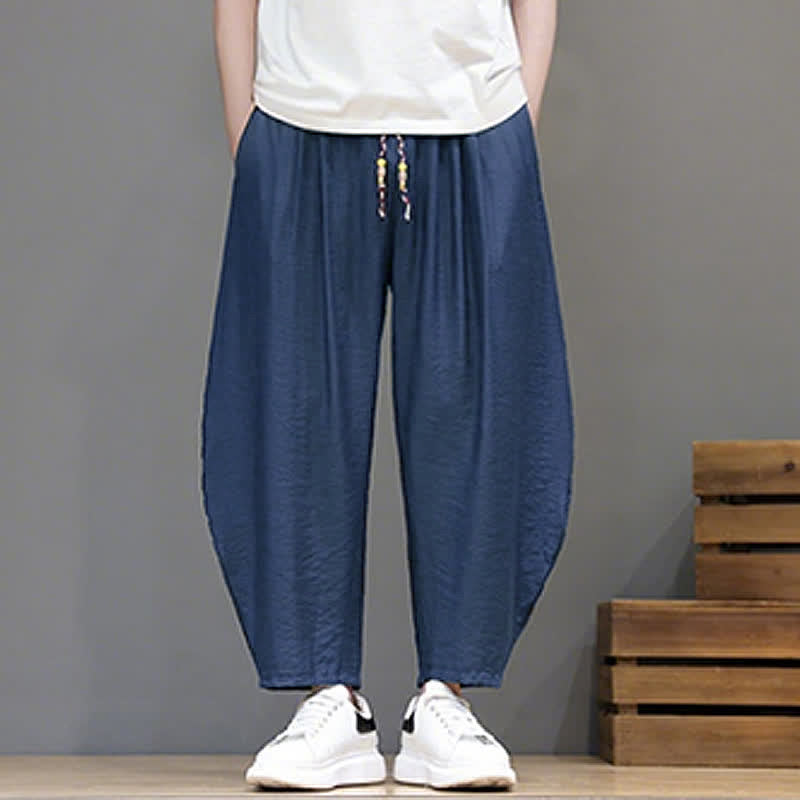 Buddha Stones Pantaloni corti estivi casual minimalisti con coulisse, modello harem da uomo con tasca - image 2