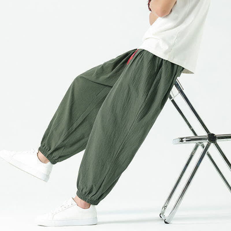 Buddha Stones Pantaloni corti da uomo estivi casual boho con coulisse in cotone tinta unita, modello harem con tasca - image 34