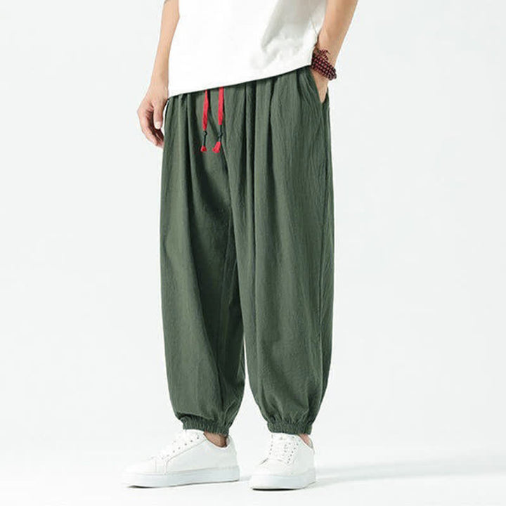 Buddha Stones Pantaloni corti da uomo estivi casual boho con coulisse in cotone tinta unita, modello harem con tasca - image 30