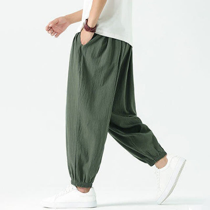 Buddha Stones Pantaloni corti da uomo estivi casual boho con coulisse in cotone tinta unita, modello harem con tasca - image 32