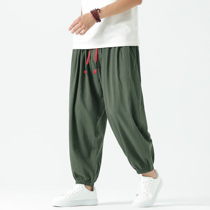 Buddha Stones Pantaloni corti da uomo estivi casual boho con coulisse in cotone tinta unita, modello harem con tasca - Verde oliva scuro - US/UK/AU46, EU56 (5XL) - image 28