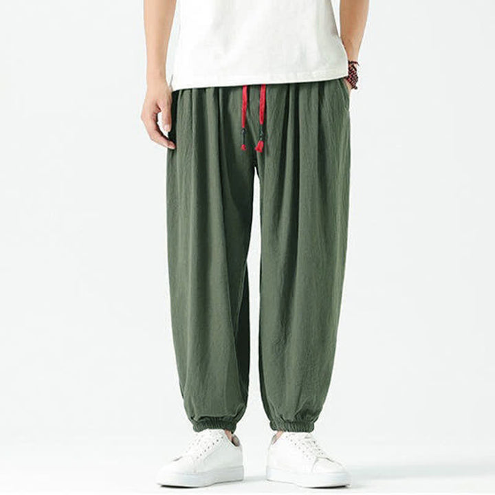 Buddha Stones Pantaloni corti da uomo estivi casual boho con coulisse in cotone tinta unita, modello harem con tasca - image 33