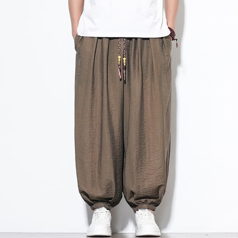 Buddha Stones Pantaloni corti estivi casual boho con coulisse, pantaloni harem da uomo a tinta unita con tasca - image 23