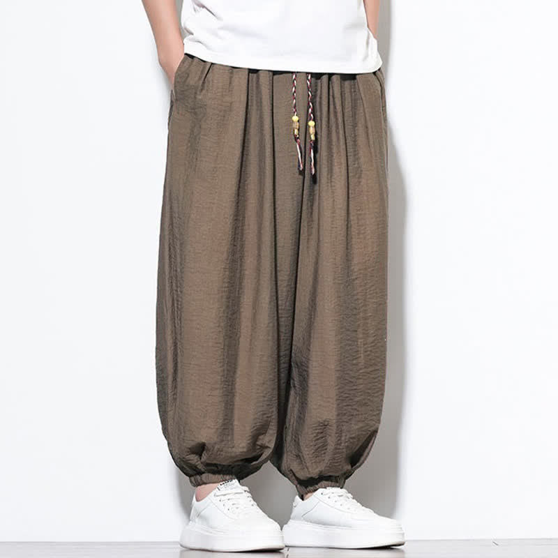 Buddha Stones Pantaloni corti estivi casual boho con coulisse, pantaloni harem da uomo a tinta unita con tasca - image 21