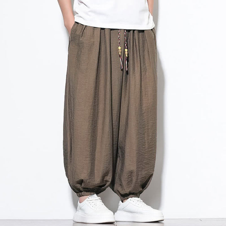 Buddha Stones Pantaloni corti estivi casual boho con coulisse, pantaloni harem da uomo a tinta unita con tasca - image 21