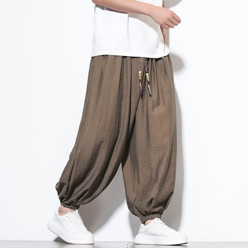 Buddha Stones Pantaloni corti estivi casual boho con coulisse, pantaloni harem da uomo a tinta unita con tasca - image 19