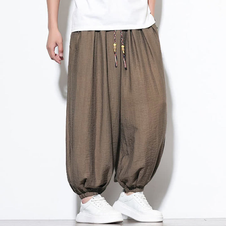 Buddha Stones Pantaloni corti estivi casual boho con coulisse, pantaloni harem da uomo a tinta unita con tasca - image 25