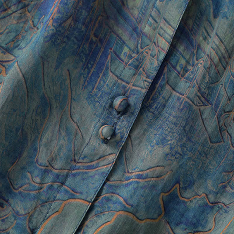 Buddha Stones Camicia da donna estiva in chiffon con stampa floreale, abbottonatura frontale, colletto alla coreana e maniche a tre quarti. - image 5