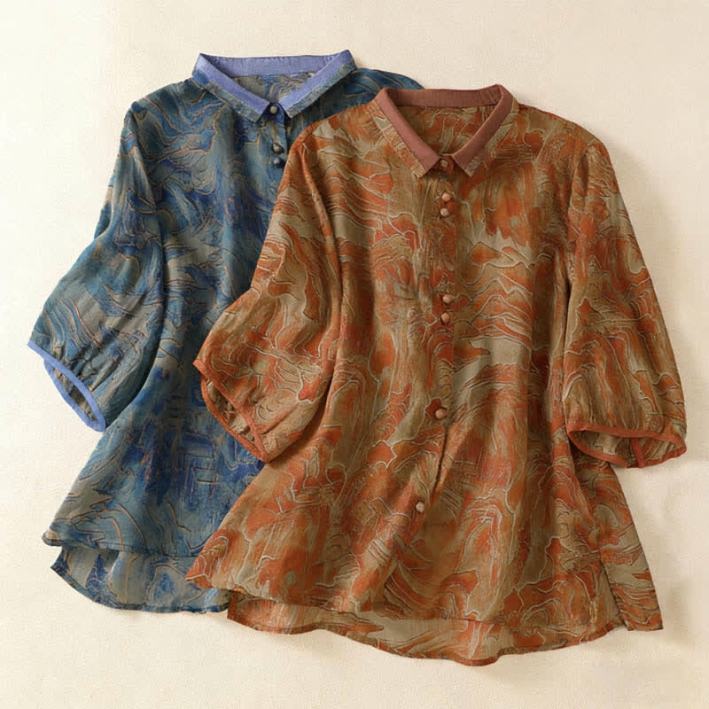 Buddha Stones Camicia da donna estiva in chiffon con stampa floreale, abbottonatura frontale, colletto alla coreana e maniche a tre quarti. - image 15