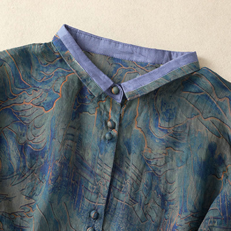 Buddha Stones Camicia da donna estiva in chiffon con stampa floreale, abbottonatura frontale, colletto alla coreana e maniche a tre quarti. - image 2