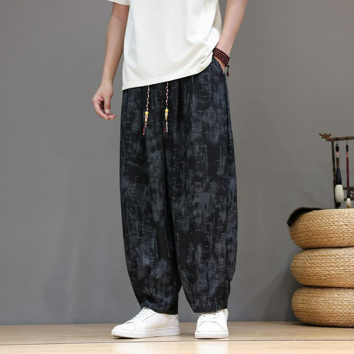 Buddha Stones Pantaloni casual primavera estate vintage con coulisse, lavaggio astratto, pantaloni alla caviglia da uomo a gamba dritta con tasca - image 2