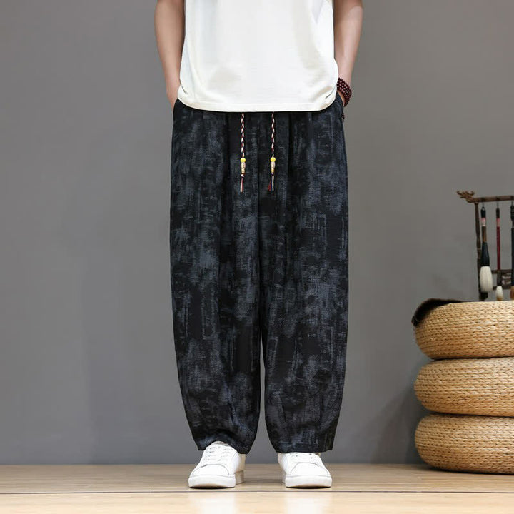 Buddha Stones Pantaloni casual primavera estate vintage con coulisse, lavaggio astratto, pantaloni alla caviglia da uomo a gamba dritta con tasca - Nero - US/UK/AU52, EU62 (8XL) - image 0