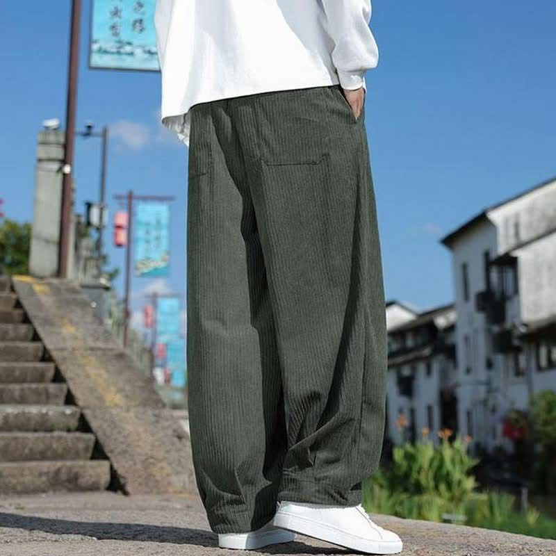 Buddha Stones Pantaloni da uomo a gamba dritta con coulisse, stile vintage, per autunno/inverno, alla caviglia, in velluto a coste tinta unita, con tasche. - image 4