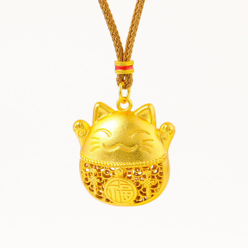 Buddha Stones Collana con corda intrecciata in ottone placcato oro con personaggio Fu e simbolo del gatto portafortuna. - image 10