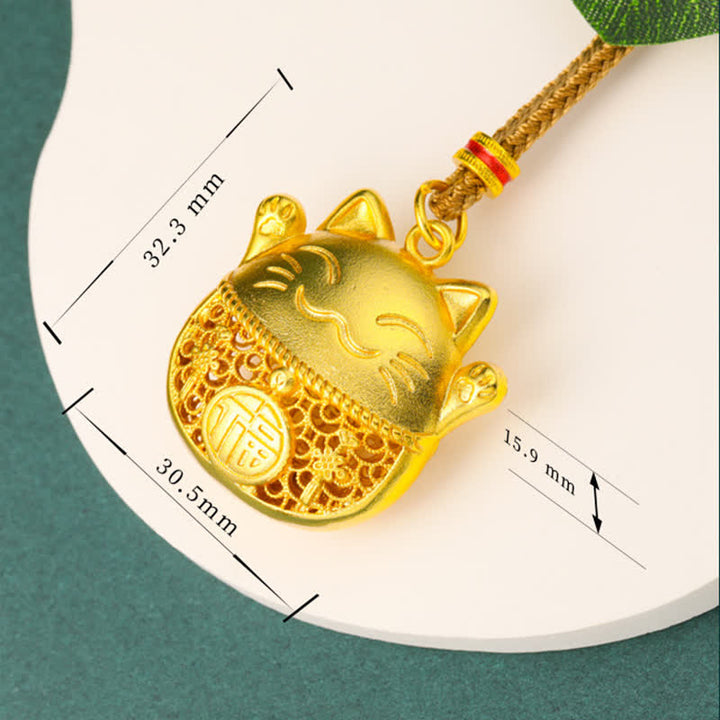 Buddha Stones Collana con corda intrecciata in ottone placcato oro con personaggio Fu e simbolo del gatto portafortuna. - image 7