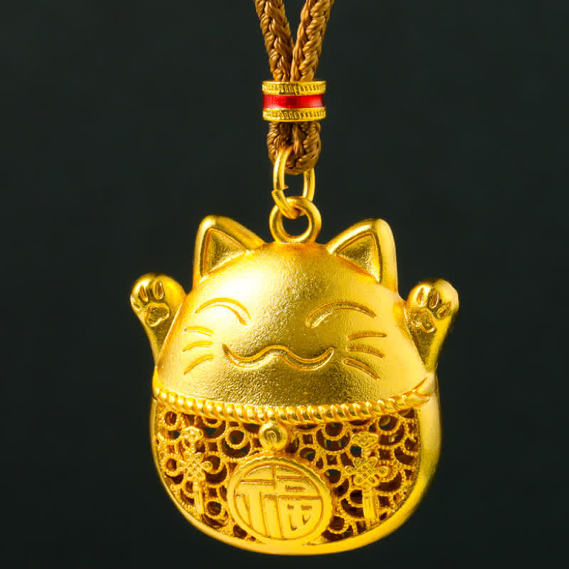 Buddha Stones Collana con corda intrecciata in ottone placcato oro con personaggio Fu e simbolo del gatto portafortuna. - image 9