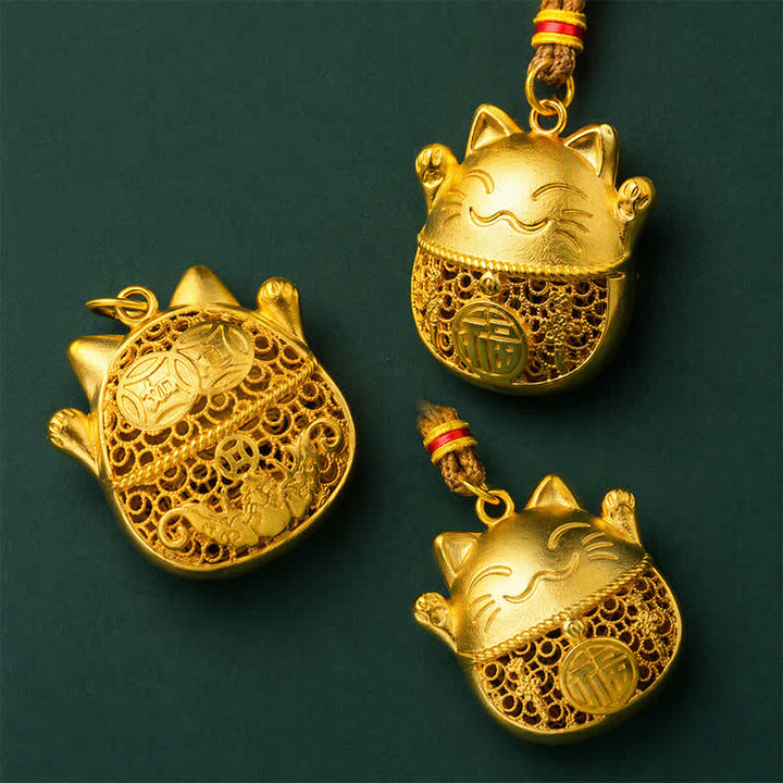Buddha Stones Collana con corda intrecciata in ottone placcato oro con personaggio Fu e simbolo del gatto portafortuna. - image 8