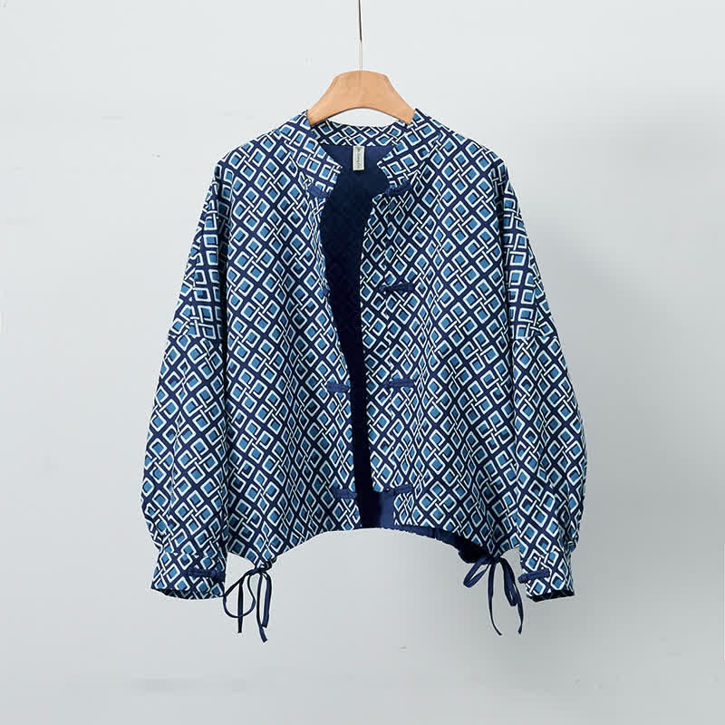 Buddha Stones Giacca da donna primaverile casual in stile boho con coulisse e motivo geometrico. - Marina - US12, UK/AU16, EU44 (XL) - image 0