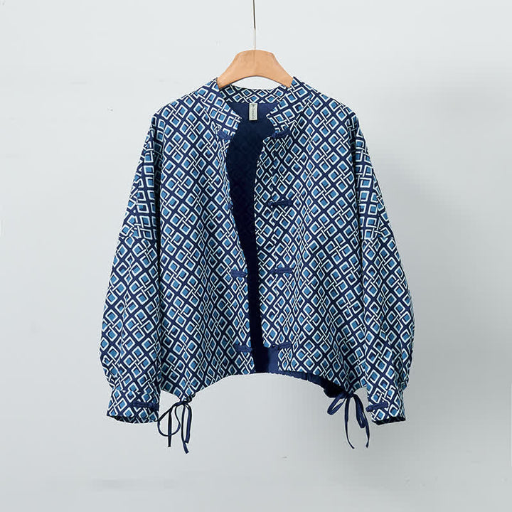 Buddha Stones Giacca da donna primaverile casual in stile boho con coulisse e motivo geometrico. - Marina - US12, UK/AU16, EU44 (XL) - image 0