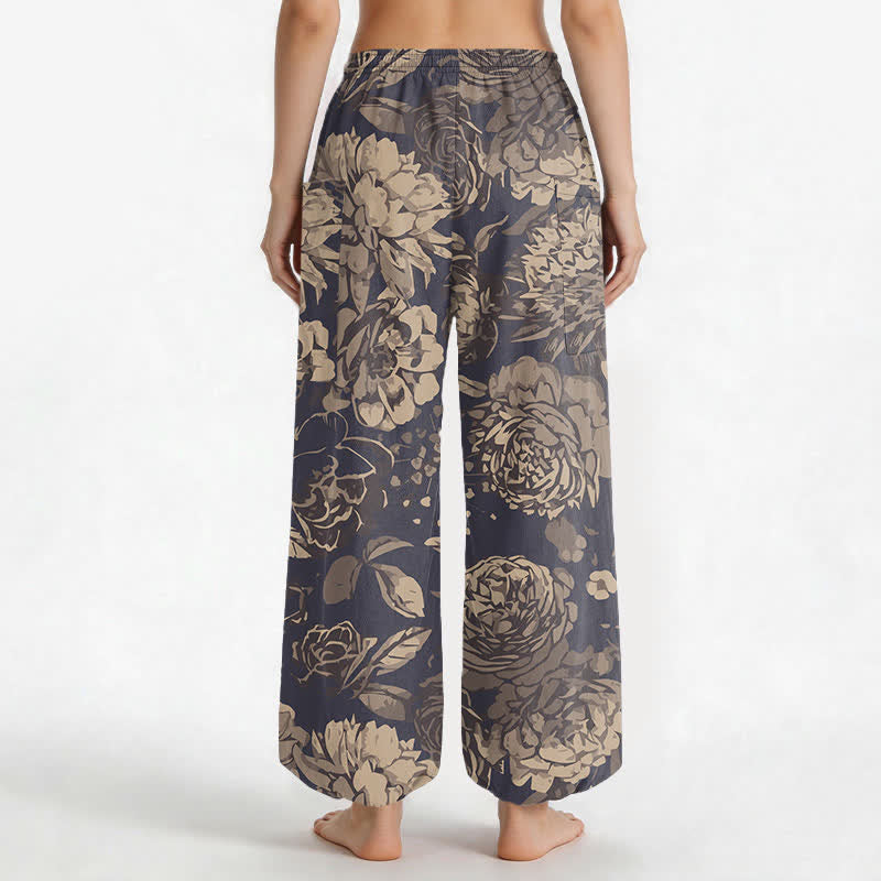 Buddha Stones Pantaloni harem da donna in cotone vintage con motivo floreale di peonie e crisantemi, vita elasticizzata e tasche laterali. - image 2