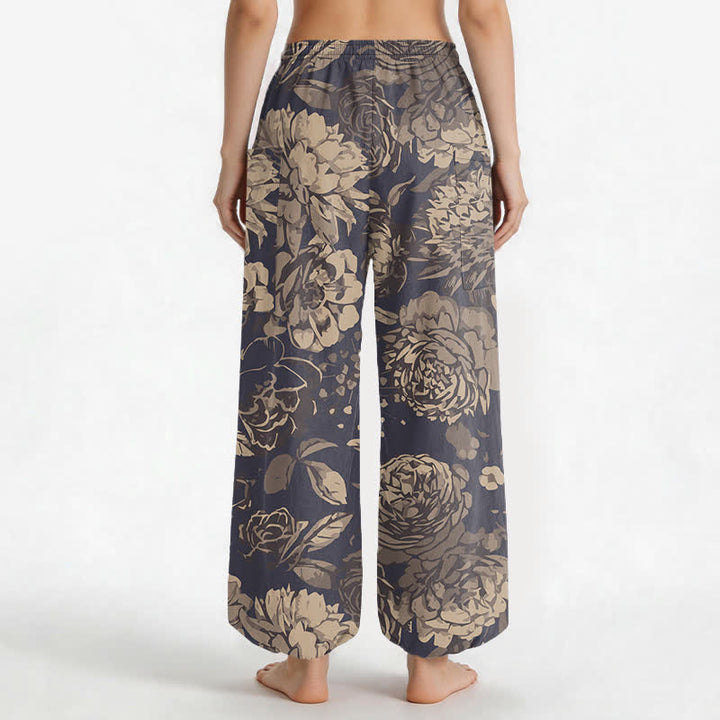 Buddha Stones Pantaloni harem da donna in cotone vintage con motivo floreale di peonie e crisantemi, vita elasticizzata e tasche laterali. - image 2