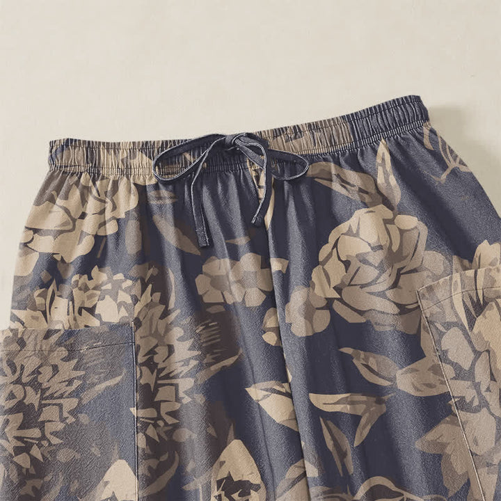 Buddha Stones Pantaloni harem da donna in cotone vintage con motivo floreale di peonie e crisantemi, vita elasticizzata e tasche laterali. - image 5