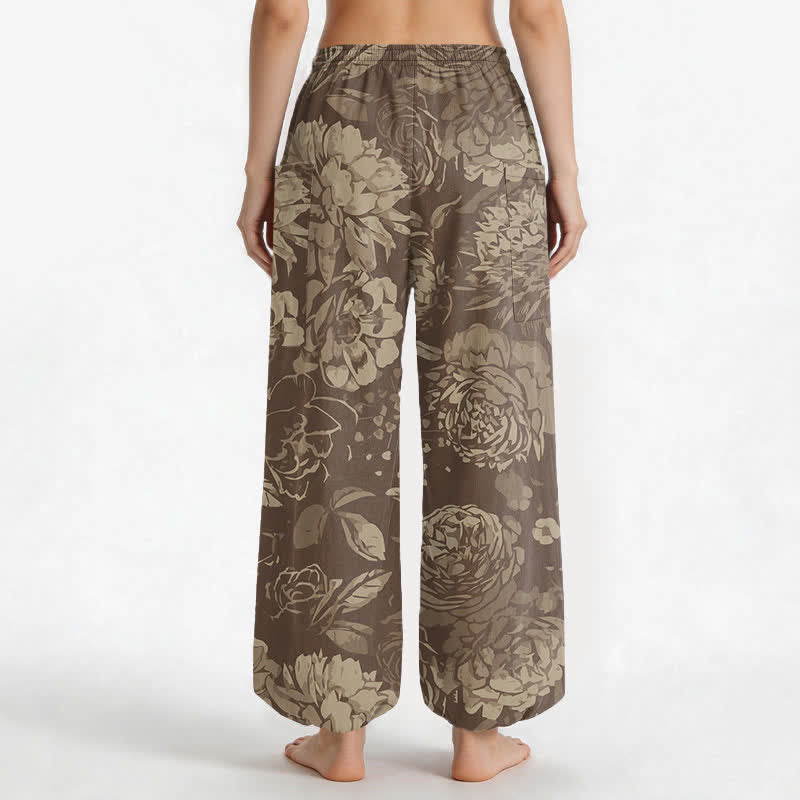 Buddha Stones Pantaloni harem da donna in cotone vintage con motivo floreale di peonie e crisantemi, vita elasticizzata e tasche laterali. - image 9