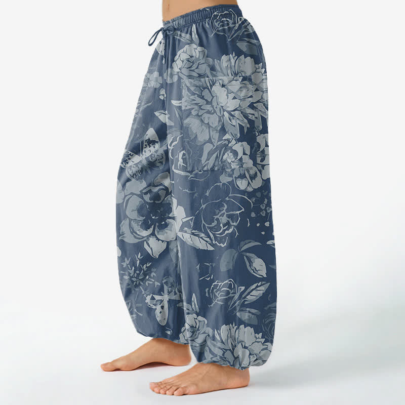 Buddha Stones Pantaloni harem da donna in cotone vintage con motivo floreale di peonie e crisantemi, vita elasticizzata e tasche laterali. - image 11