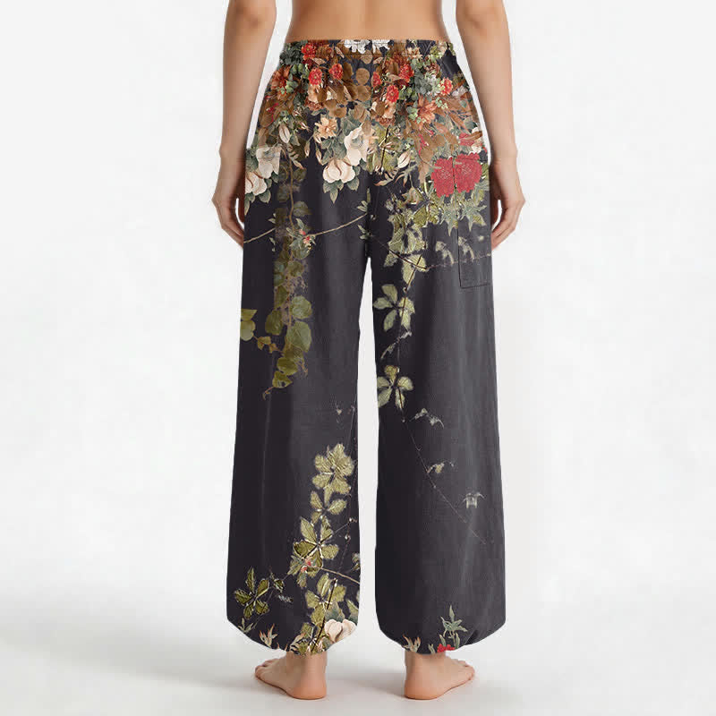 Buddha Stones Pantaloni harem da donna in cotone vintage con motivo a peonia rossa e vita elasticizzata, con tasche laterali. - image 2