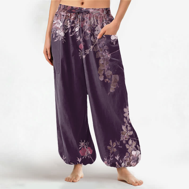 Buddha Stones Pantaloni harem da donna in cotone vintage con motivo a peonia rossa e vita elasticizzata, con tasche laterali. - Viola - US16, UK/AU20, EU48 (3XL) - image 8