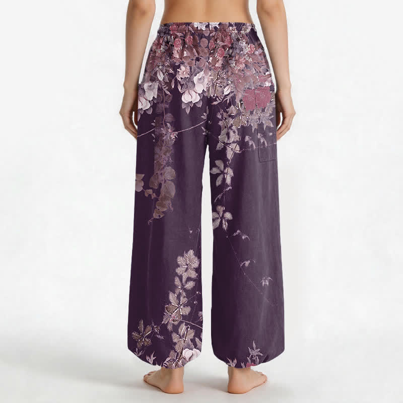 Buddha Stones Pantaloni harem da donna in cotone vintage con motivo a peonia rossa e vita elasticizzata, con tasche laterali. - image 10
