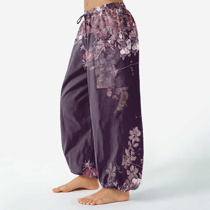 Buddha Stones Pantaloni harem da donna in cotone vintage con motivo a peonia rossa e vita elasticizzata, con tasche laterali. - image 9