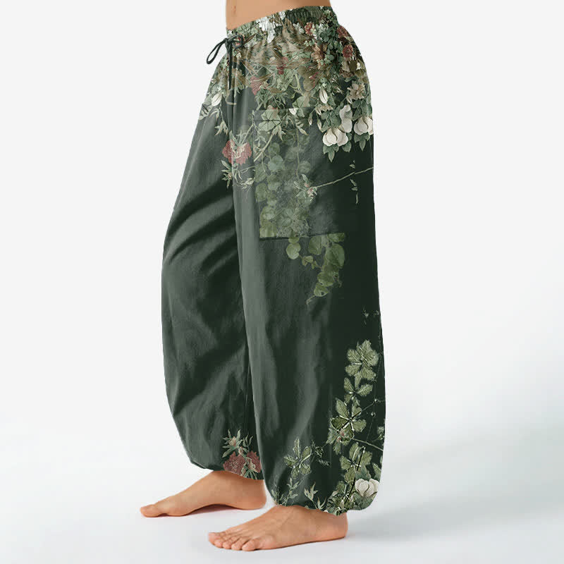Buddha Stones Pantaloni harem da donna in cotone vintage con motivo a peonia rossa e vita elasticizzata, con tasche laterali. - image 12