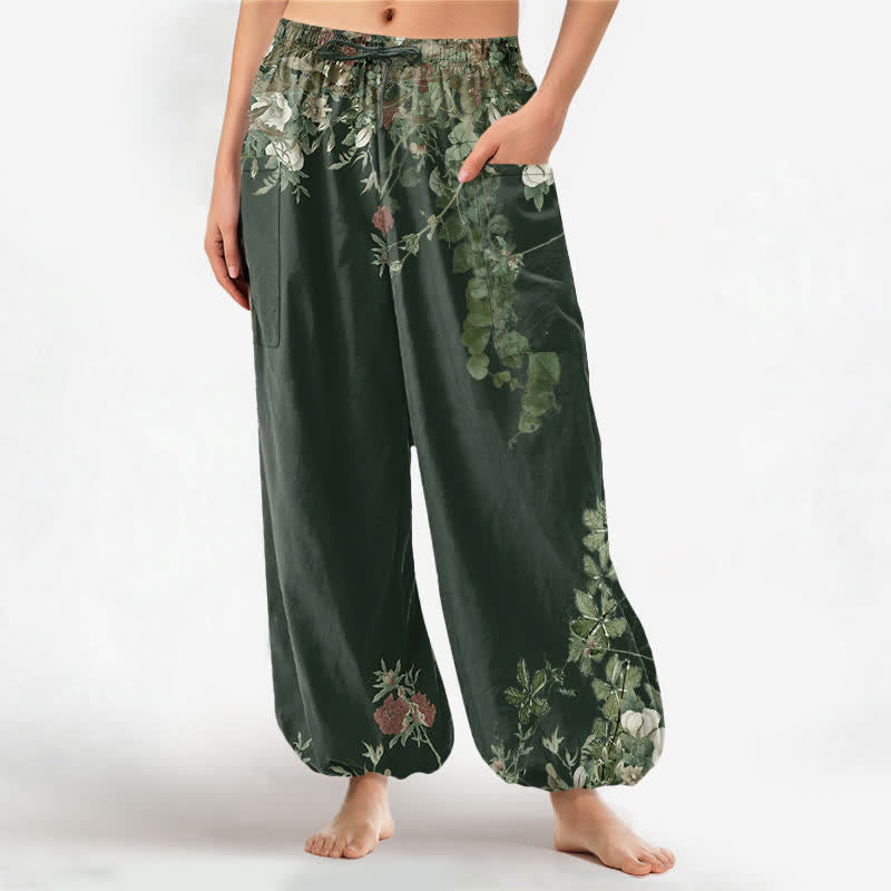 Buddha Stones Pantaloni harem da donna in cotone vintage con motivo a peonia rossa e vita elasticizzata, con tasche laterali. - Verde studentesco - US16, UK/AU20, EU48 (3XL) - image 11