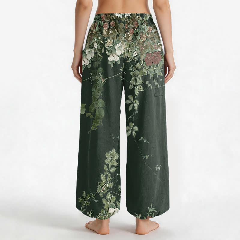 Buddha Stones Pantaloni harem da donna in cotone vintage con motivo a peonia rossa e vita elasticizzata, con tasche laterali. - image 13
