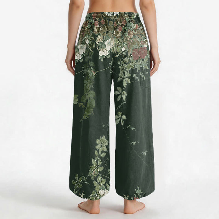 Buddha Stones Pantaloni harem da donna in cotone vintage con motivo a peonia rossa e vita elasticizzata, con tasche laterali. - image 13