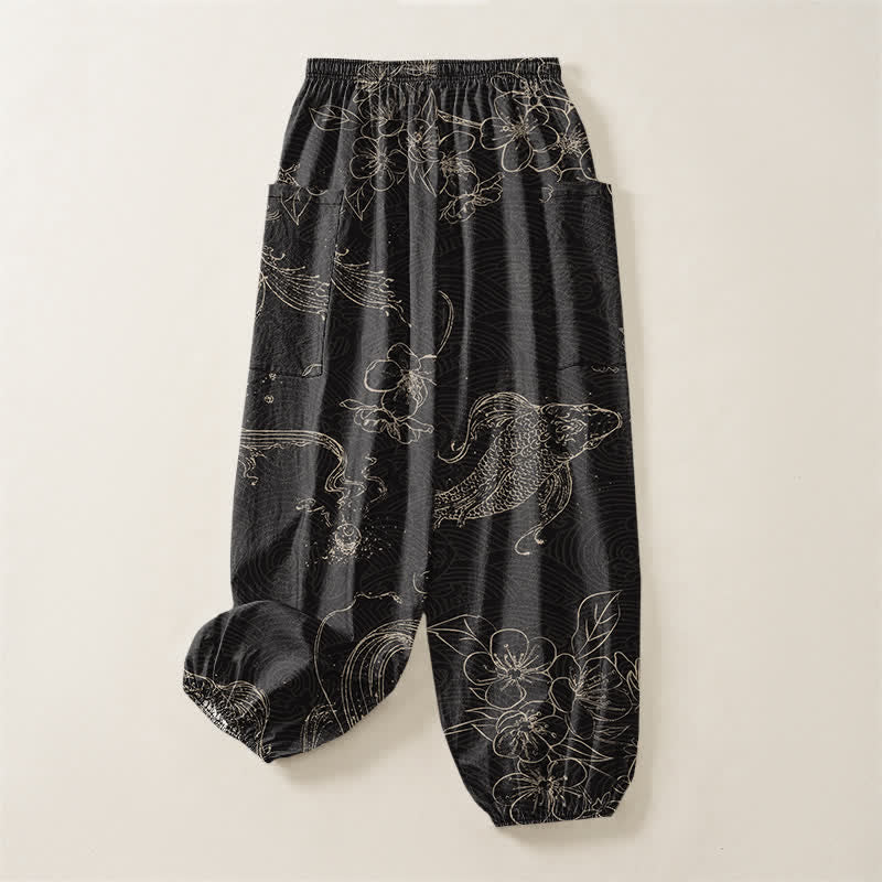 Buddha Stones Pantaloni harem da donna in cotone con elastico in vita e motivo floreale con carpe koi, dotati di tasche laterali. - image 4