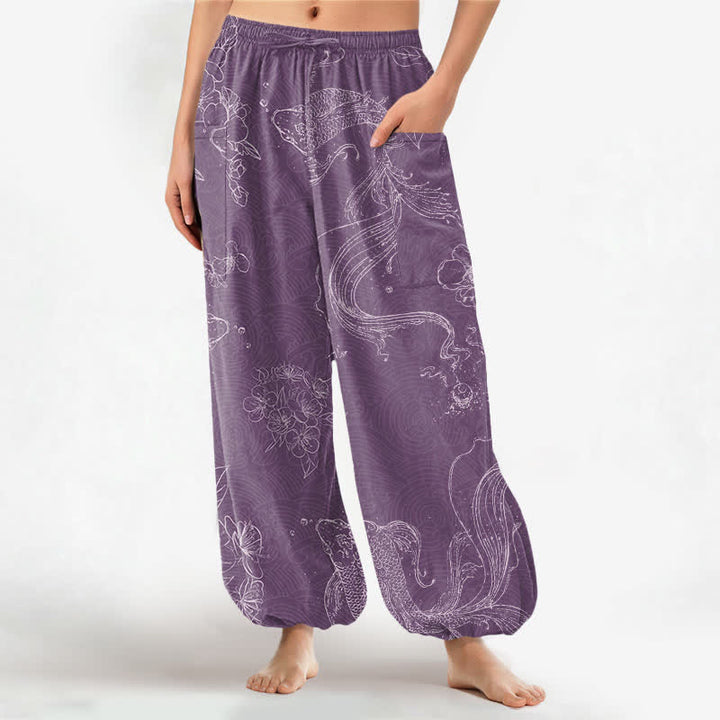 Buddha Stones Pantaloni harem da donna in cotone con elastico in vita e motivo floreale con carpe koi, dotati di tasche laterali. - Prugna - US16, UK/AU20, EU48 (3XL) - image 7