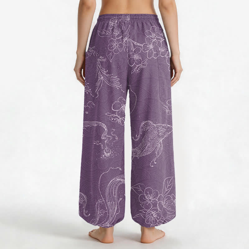 Buddha Stones Pantaloni harem da donna in cotone con elastico in vita e motivo floreale con carpe koi, dotati di tasche laterali. - image 9