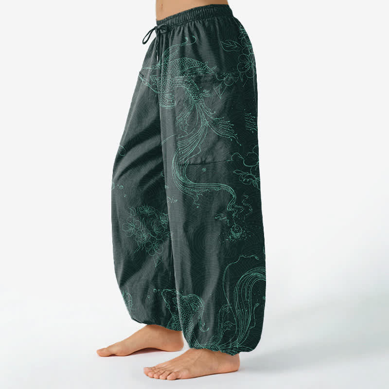 Buddha Stones Pantaloni harem da donna in cotone con elastico in vita e motivo floreale con carpe koi, dotati di tasche laterali. - image 11