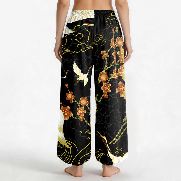 Buddha Stones Pantaloni harem da donna in cotone con elastico in vita e motivo floreale orientale a gru e nuvole, con tasche laterali. - image 2