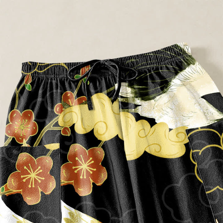 Buddha Stones Pantaloni harem da donna in cotone con elastico in vita e motivo floreale orientale a gru e nuvole, con tasche laterali. - image 5