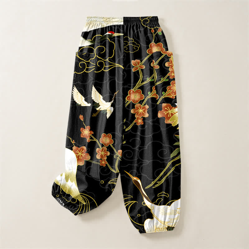 Buddha Stones Pantaloni harem da donna in cotone con elastico in vita e motivo floreale orientale a gru e nuvole, con tasche laterali. - image 4