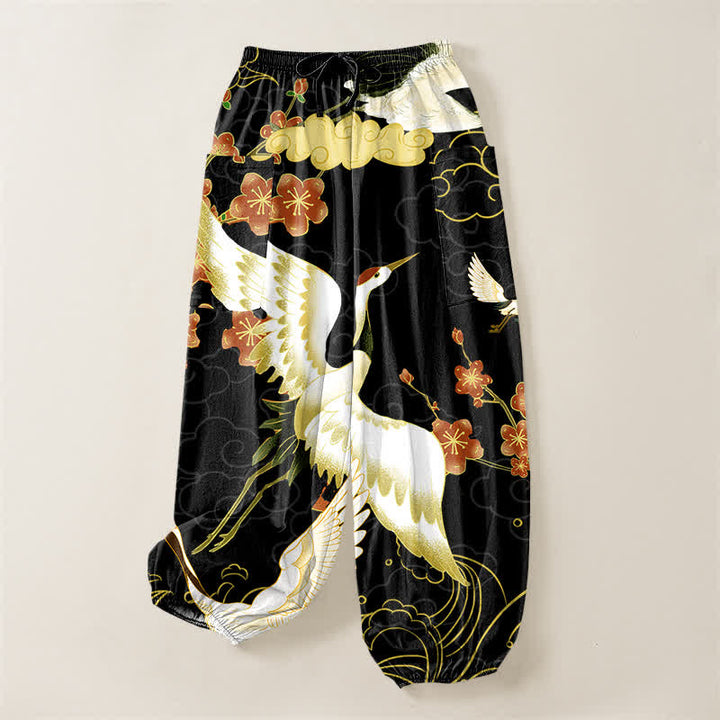 Buddha Stones Pantaloni harem da donna in cotone con elastico in vita e motivo floreale orientale a gru e nuvole, con tasche laterali. - image 3