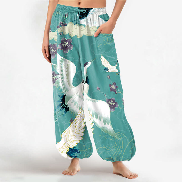 Buddha Stones Pantaloni harem da donna in cotone con elastico in vita e motivo floreale orientale a gru e nuvole, con tasche laterali. - Turchese - US16, UK/AU20, EU48 (3XL) - image 7
