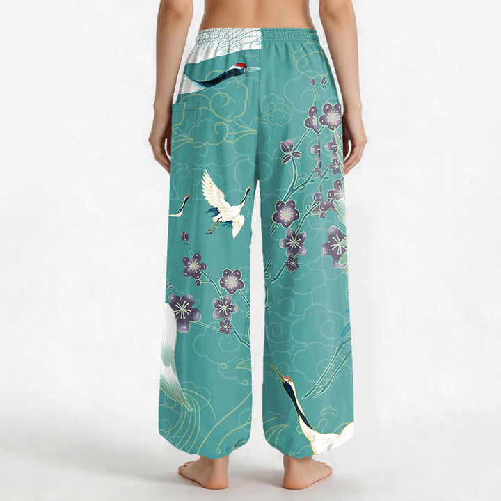 Buddha Stones Pantaloni harem da donna in cotone con elastico in vita e motivo floreale orientale a gru e nuvole, con tasche laterali. - image 9