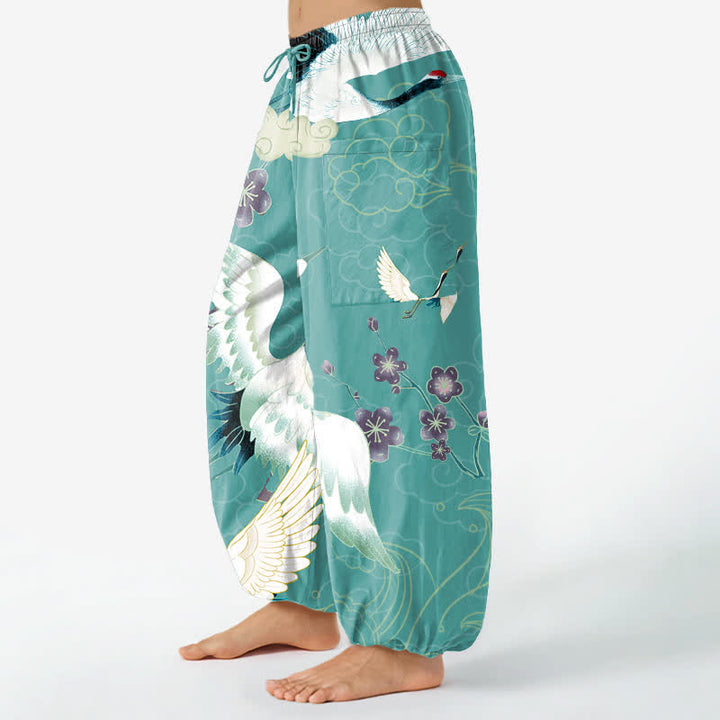 Buddha Stones Pantaloni harem da donna in cotone con elastico in vita e motivo floreale orientale a gru e nuvole, con tasche laterali. - image 8