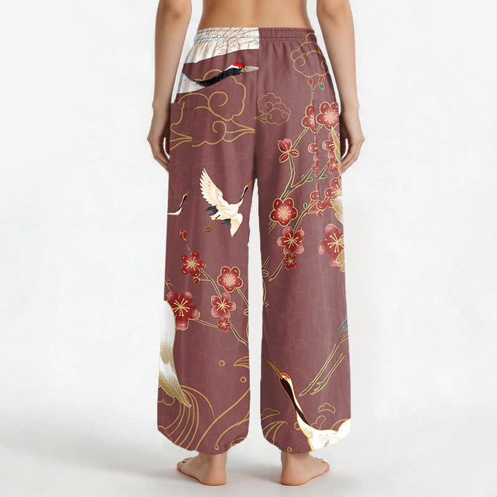 Buddha Stones Pantaloni harem da donna in cotone con elastico in vita e motivo floreale orientale a gru e nuvole, con tasche laterali. - image 12